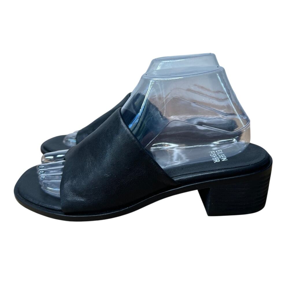 NWOB Eileen Fisher Airy Black Leather Heeled Slide Slip-On Thong Sandal, Size 8